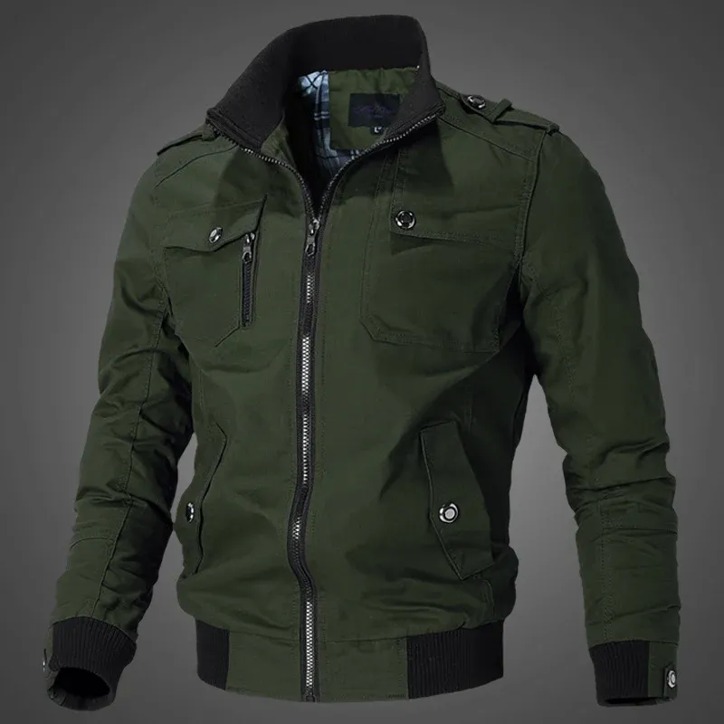 Herren urbaner Canvas-Bomberjacke mit Rippbündchen, Stehkragen und Mehrfach-Brusttaschen – Brevano