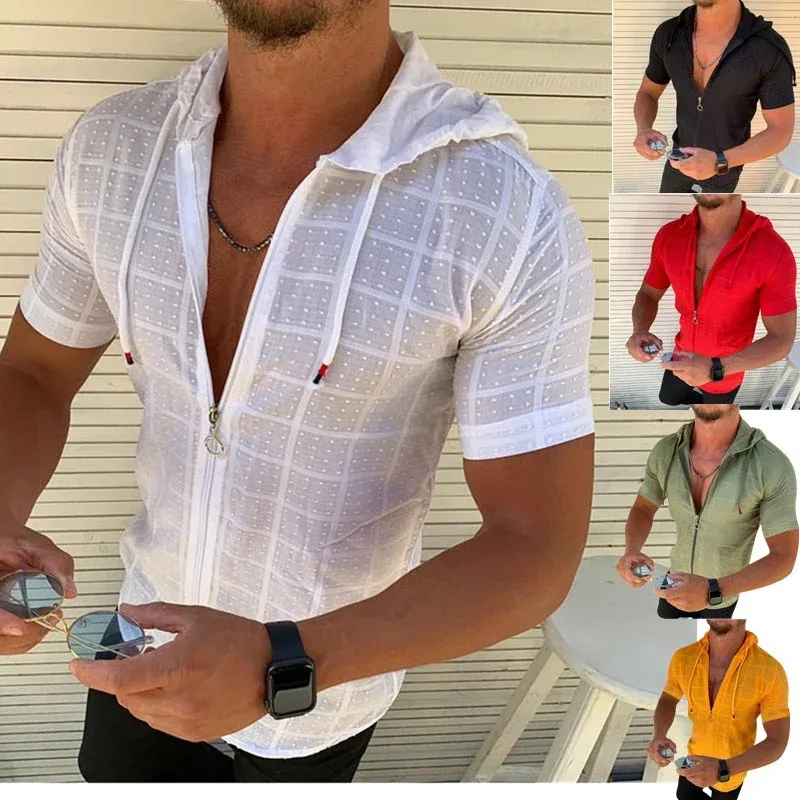 Herren Kurzarm-Shirt mit modernem Reißverschluss und Kapuze – Marzano