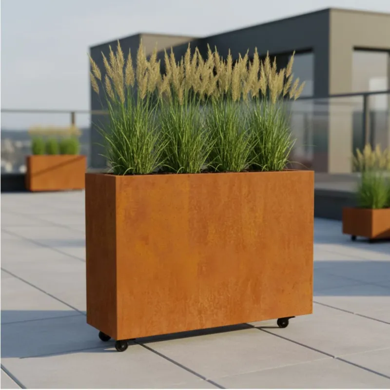 Langwerpige cortenstalen plantenbak met wielen 90x30x80 cm - Doika - Plantenbak - Geroba - - ArtesaWH6
